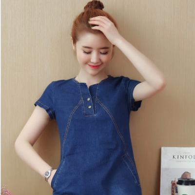 ĐẦM JEAN SUÔNG CỔ V ĐÍNH NÚT - NJ209